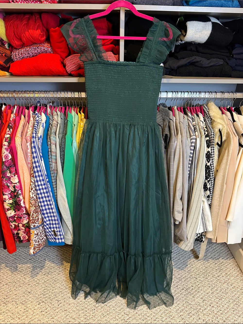 Melloday green sleeveless smocked tulle maxi dress size S NWOT